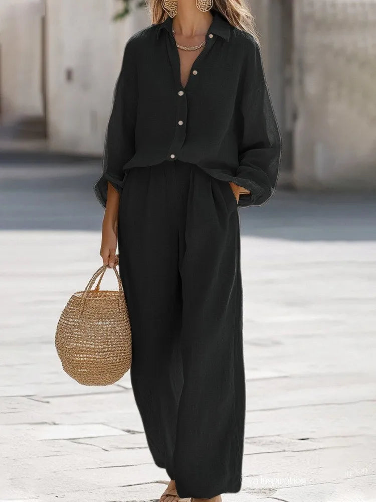 Casual Lapel Long Sleeve Shirt & Wide Leg Pants Two Piece Set – Women’s Cotton Suit