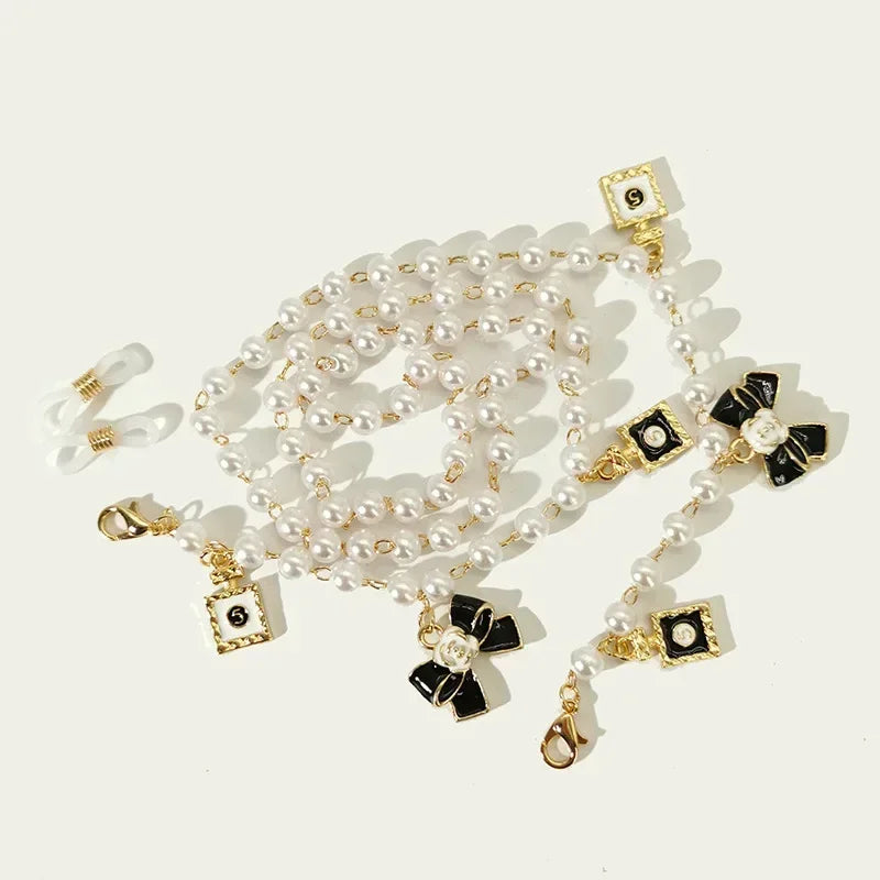 Black & White Bow Pearl Glasses Chain Lanyard – Sunglasses Accessory for Women
