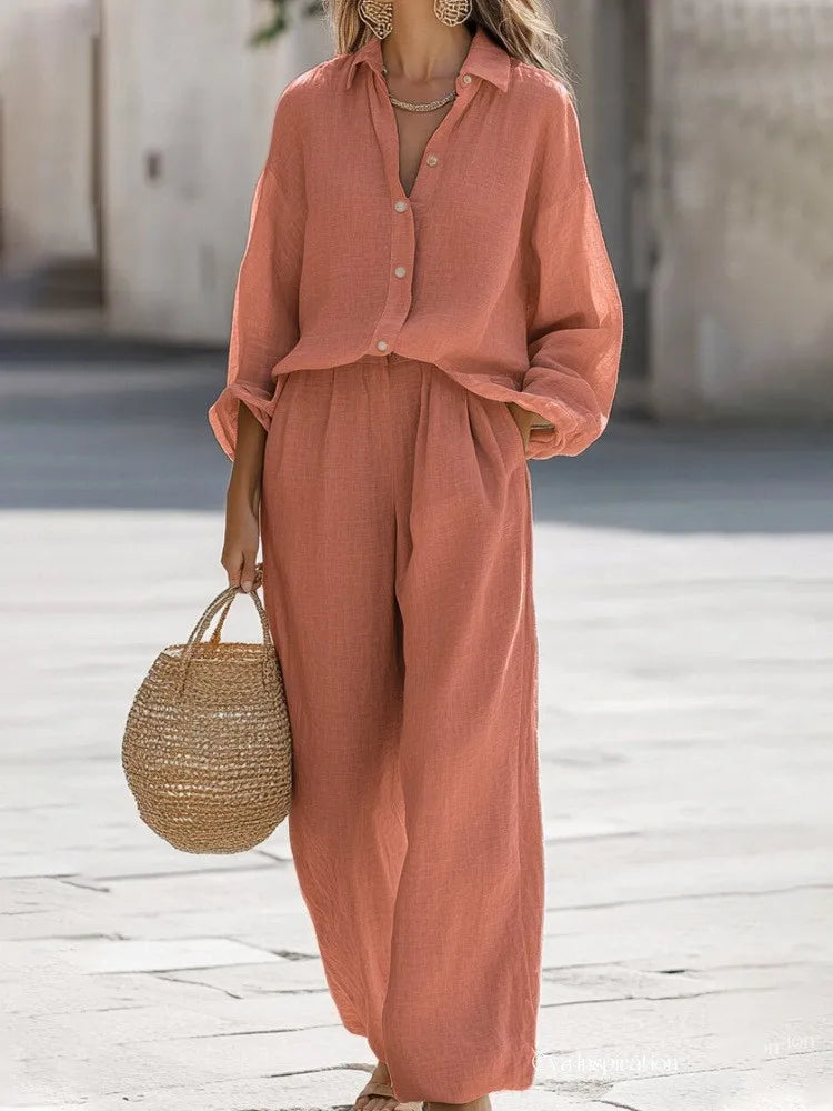 Casual Lapel Long Sleeve Shirt & Wide Leg Pants Two Piece Set – Women’s Cotton Suit