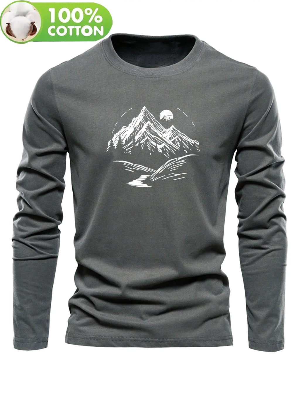 Men’s Mountain Print 100% Cotton Long Sleeve T-Shirt – Casual Sports Round Neck Tee