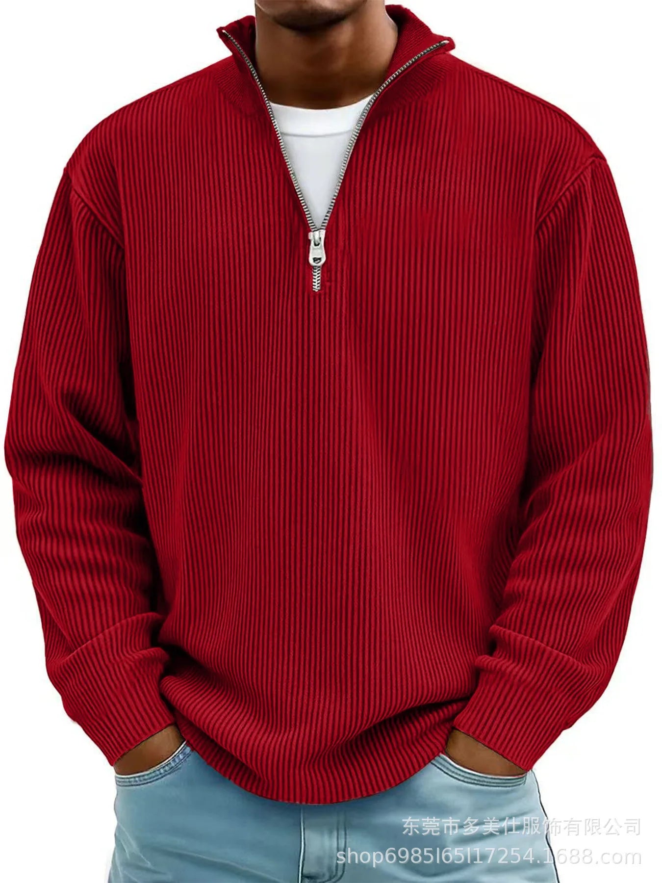 Men’s Half Zip Stand Collar Corduroy Polo Sweatshirt – Casual Autumn Winter Top