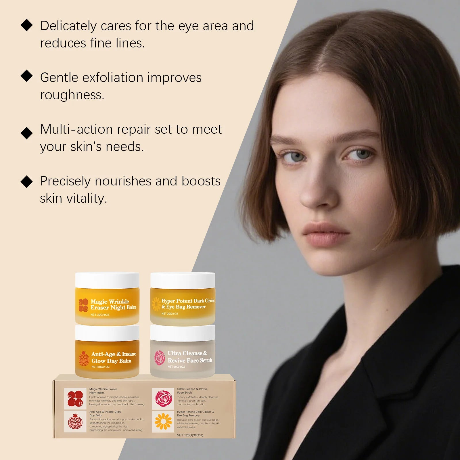 Multi-Effect Day & Night 4-Piece Skincare Set – Cleansing Moisturizing Dark Circle Reduction