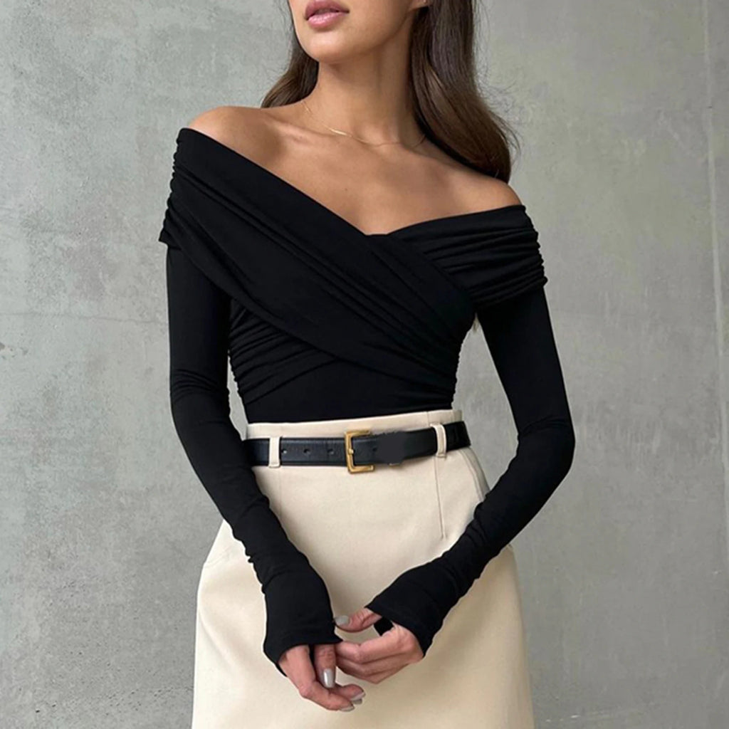 Off Shoulder Front Cross Long Sleeve Slim Top – Women’s Clubwear Streetwear