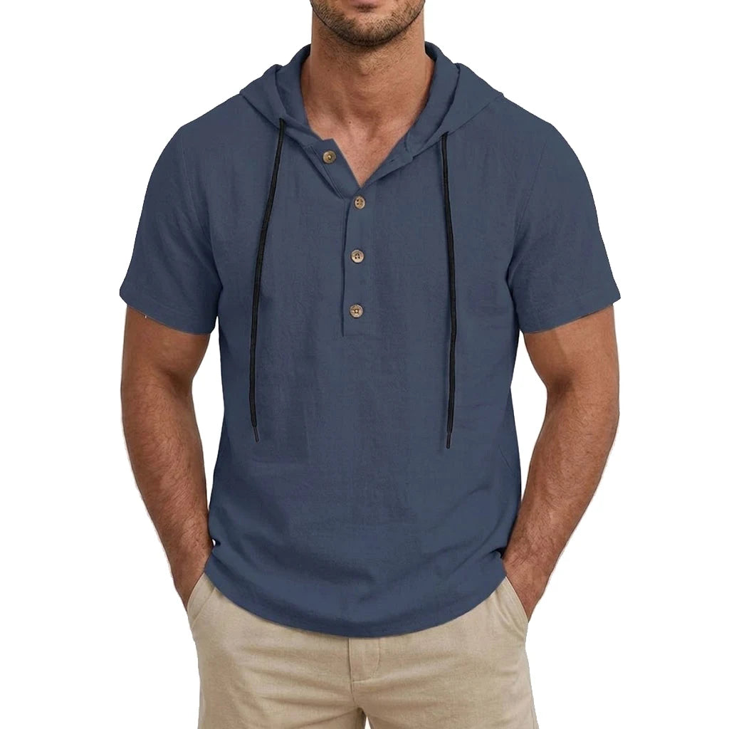 Men’s Linen Hooded Short Sleeve Hawaiian Shirt – Lightweight Button Cotton T-Shirt