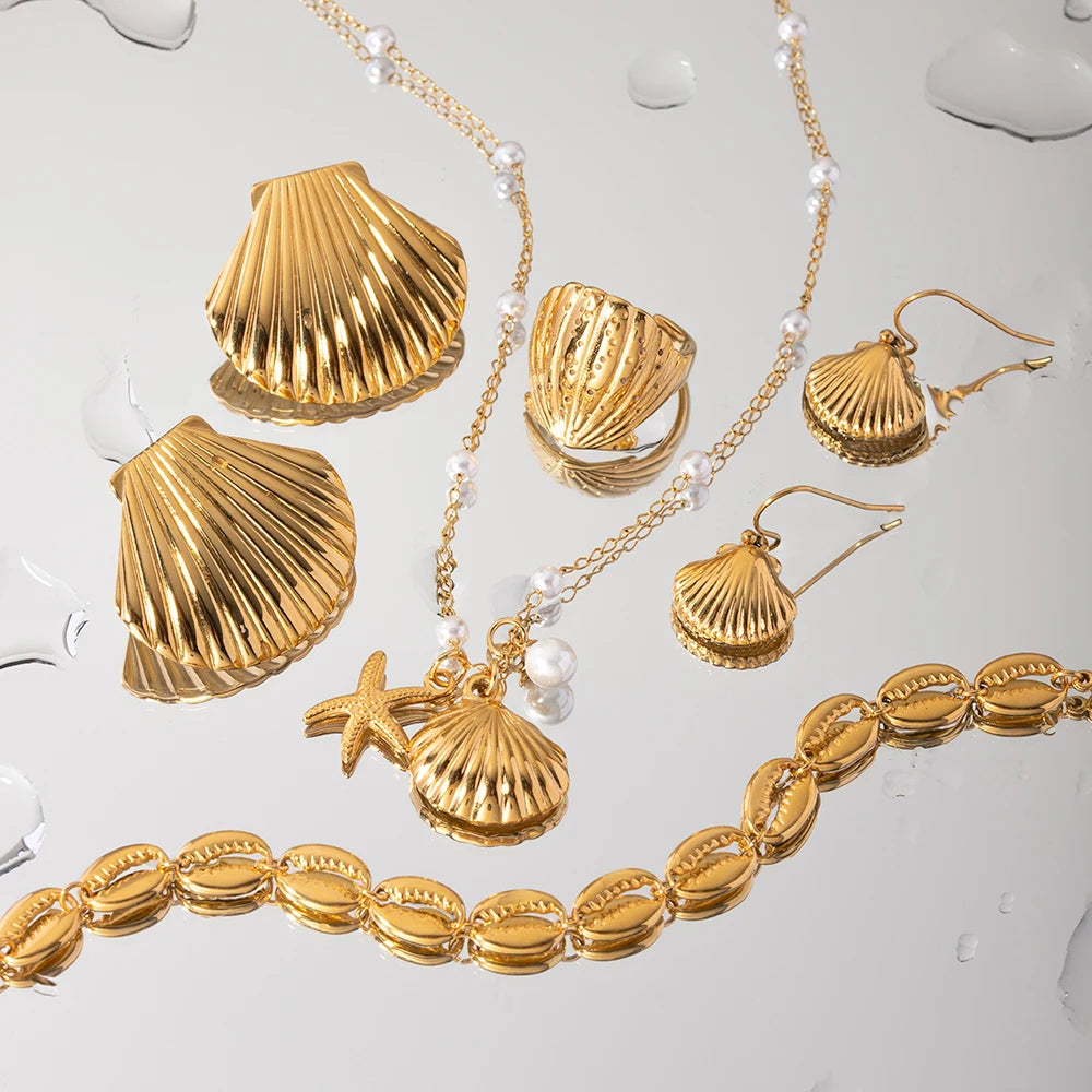 18K Gold Plated Ocean Shell Jewelry Set – Tarnish-Free Earring, Ring & Necklace for Women