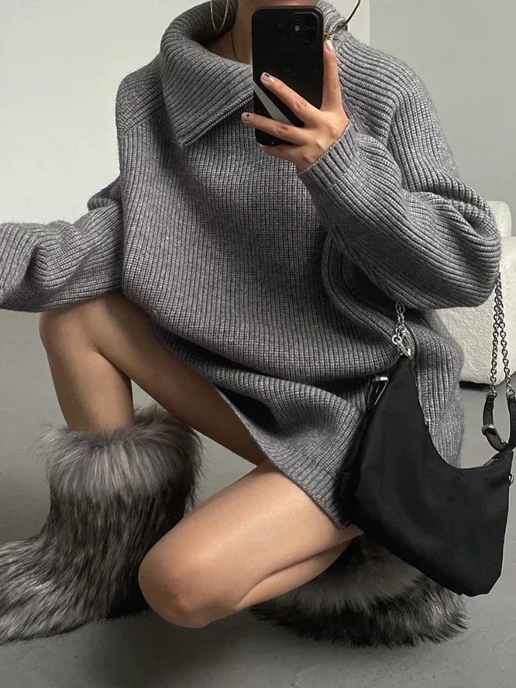 Turtleneck Zipper Oversized Knit Sweater – Women’s Warm Autumn Pullover