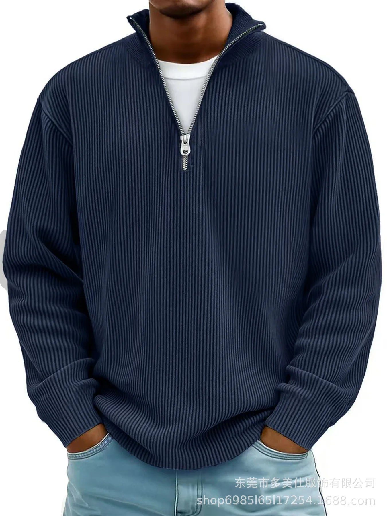 Men’s Half Zip Stand Collar Corduroy Polo Sweatshirt – Casual Autumn Winter Top