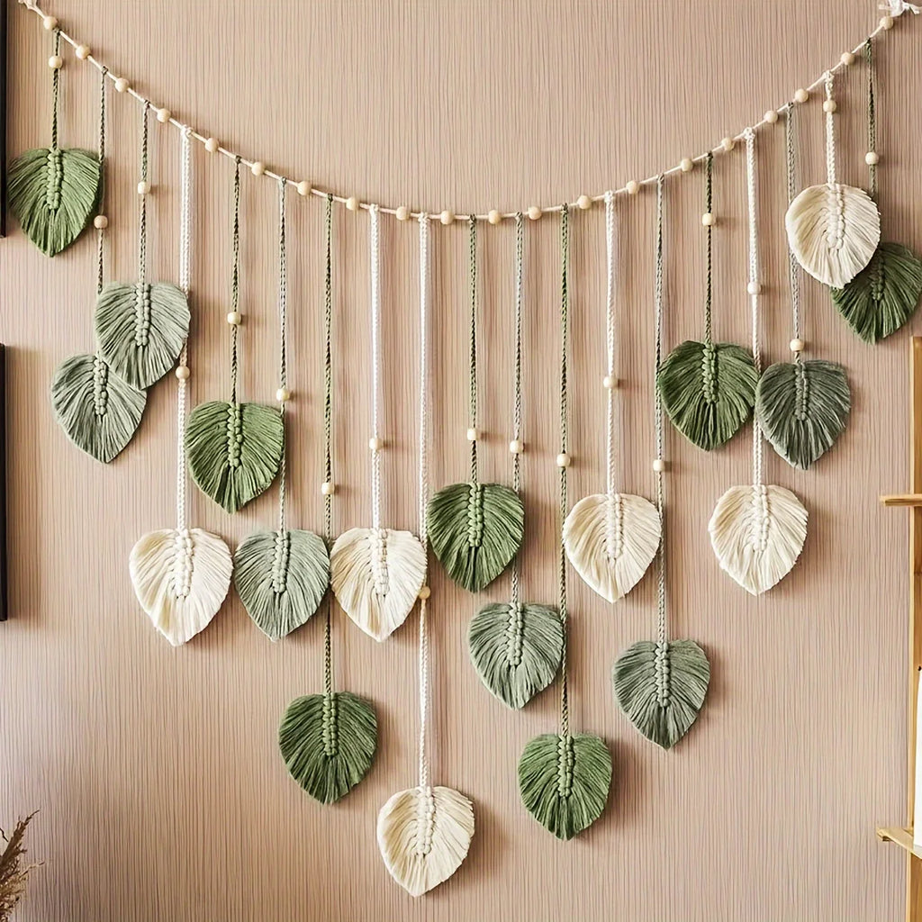 Bohemian Green Leaf Woven Wall Hanging | Feather Decor for Living Room & Bedroom