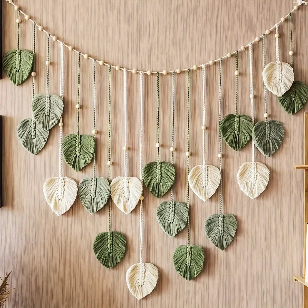 Bohemian Green Leaf Woven Wall Hanging | Feather Decor for Living Room & Bedroom