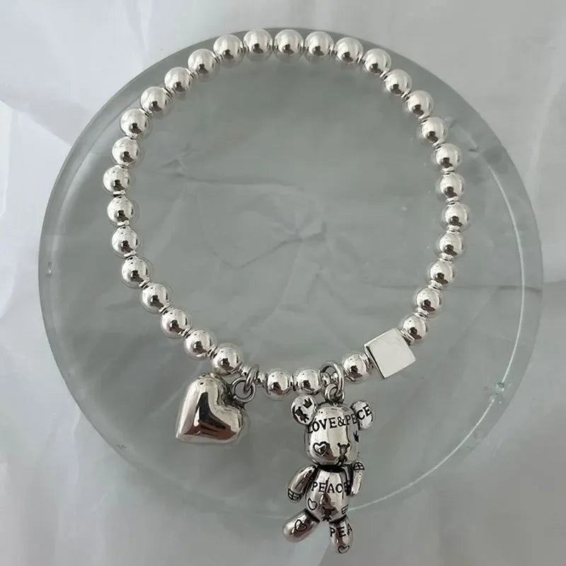 Stainless Steel Beaded Bear Pendant Bracelet for Women – Vintage Cute Party Jewelry