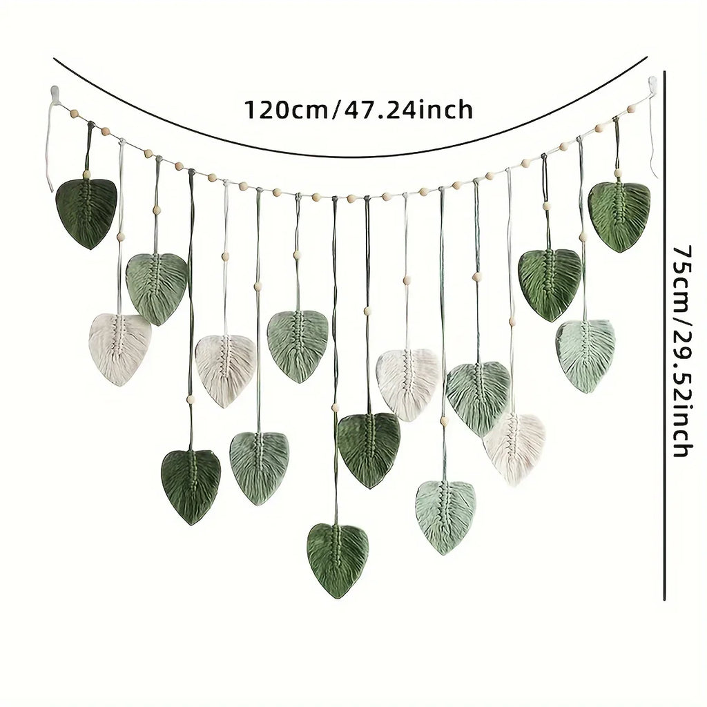 Bohemian Green Leaf Woven Wall Hanging | Feather Decor for Living Room & Bedroom