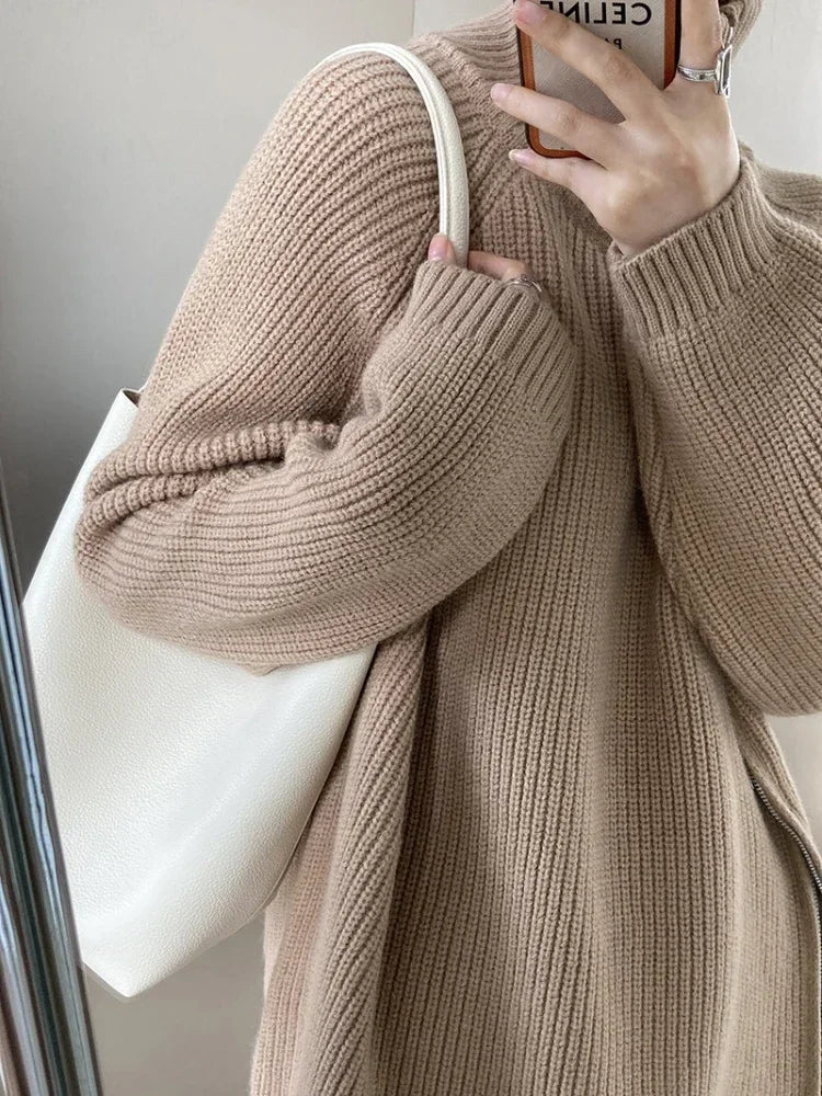 Turtleneck Zipper Oversized Knit Sweater – Women’s Warm Autumn Pullover