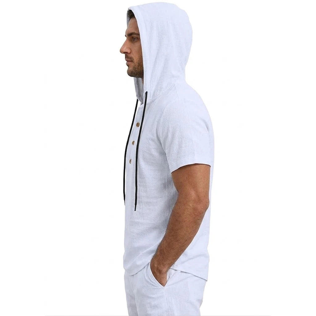 Men’s Linen Hooded Short Sleeve Hawaiian Shirt – Lightweight Button Cotton T-Shirt