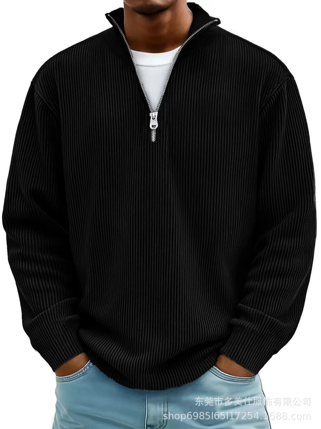 Men’s Half Zip Stand Collar Corduroy Polo Sweatshirt – Casual Autumn Winter Top