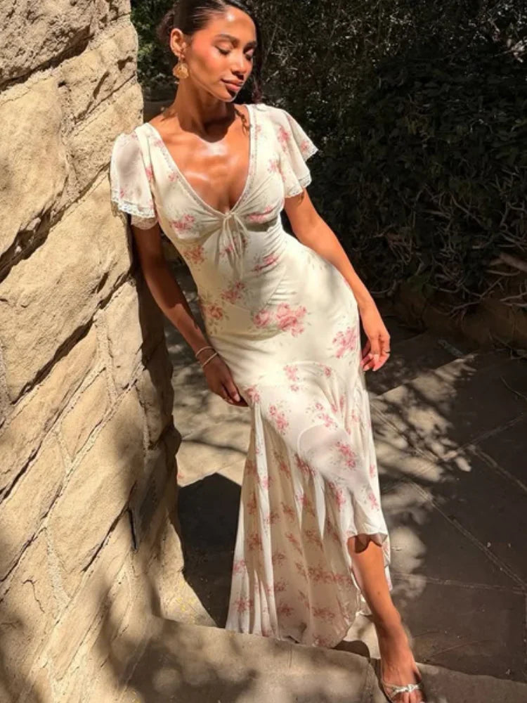 Flutter Sleeve Floral Maxi Dress – Deep V Neck Summer Holiday Dress
