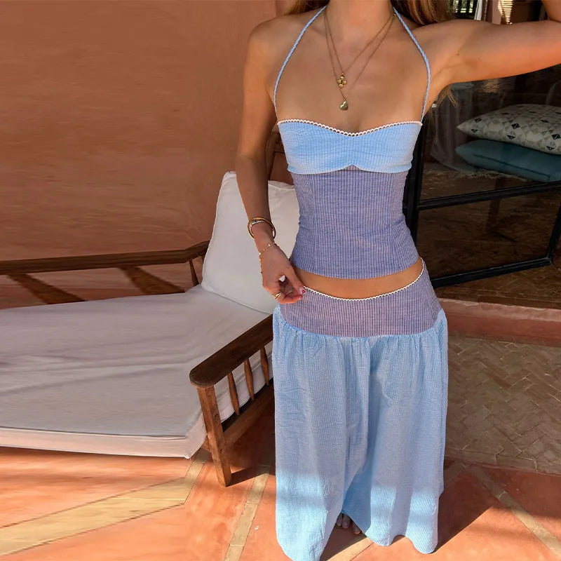 Sequined Halter Top & Maxi Skirt Set – Women’s Chic Beach Suit