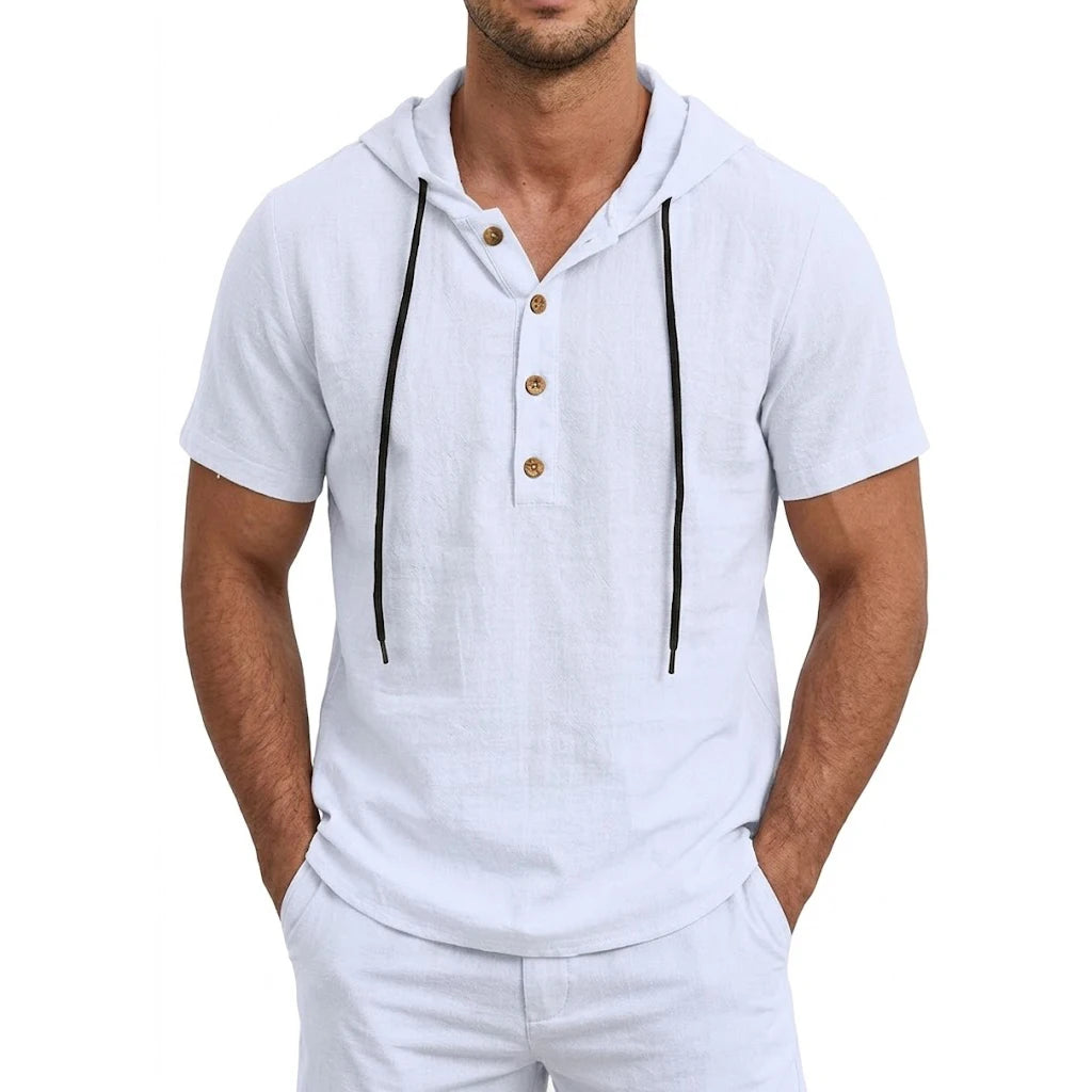 Men’s Linen Hooded Short Sleeve Hawaiian Shirt – Lightweight Button Cotton T-Shirt