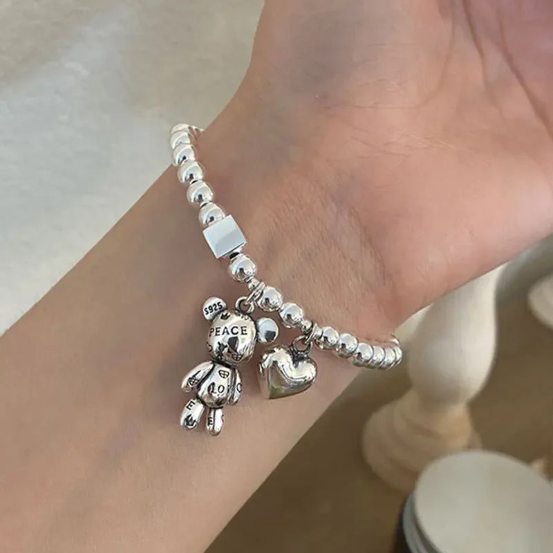 Stainless Steel Beaded Bear Pendant Bracelet for Women – Vintage Cute Party Jewelry