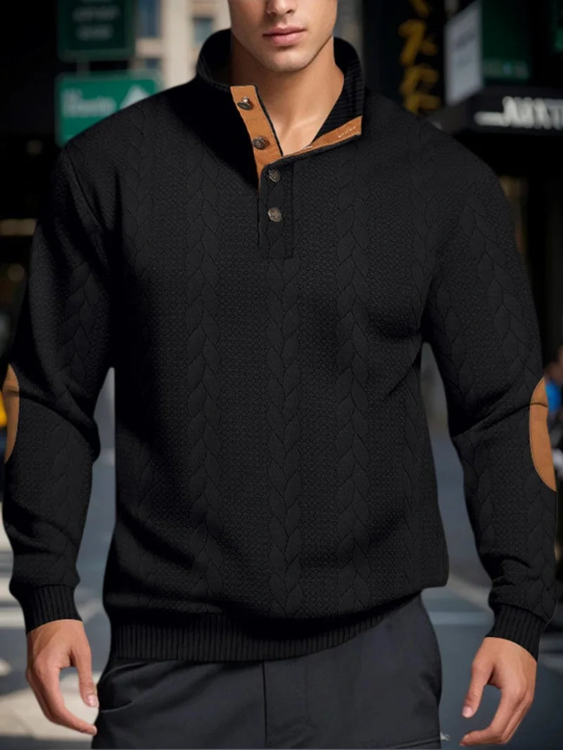 Men’s Knitted Jacquard Button Stand Collar Pullover Sweater – Warm Casual Sweatshirt