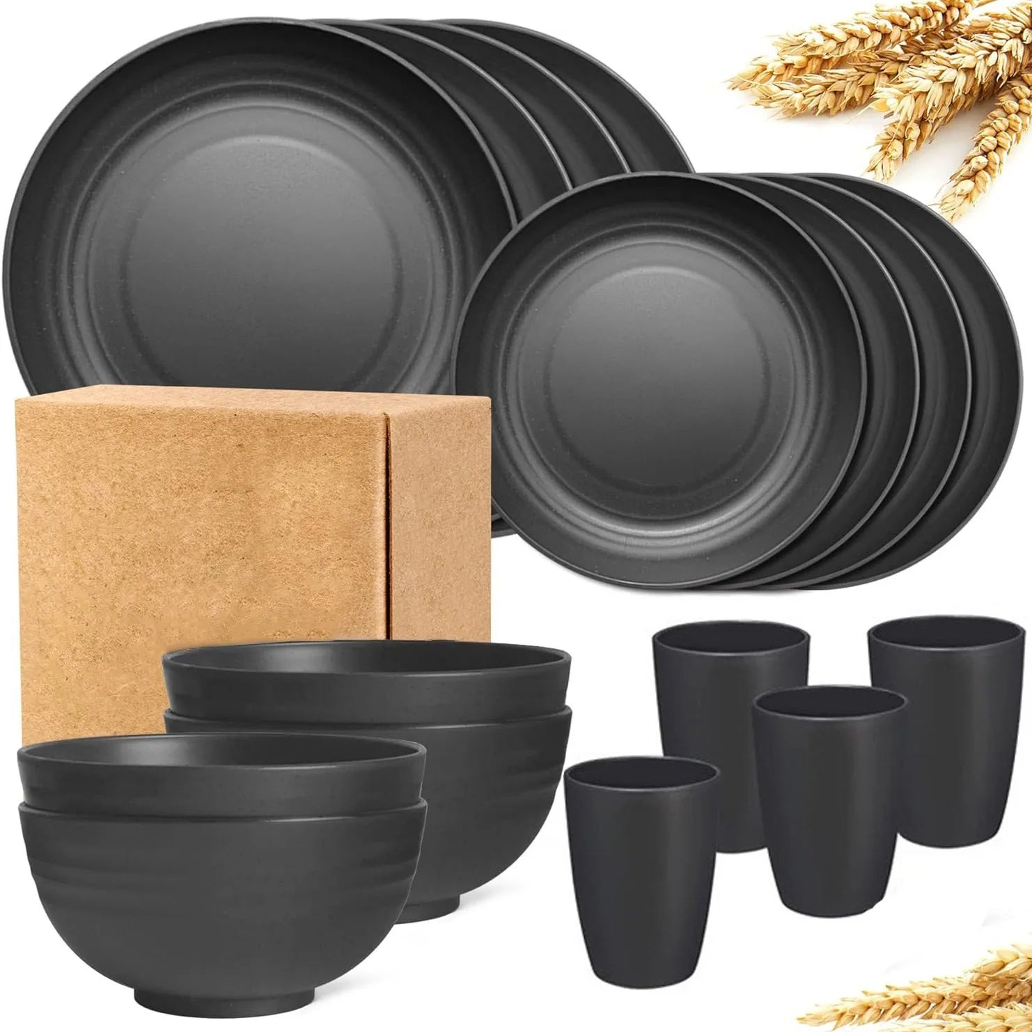 16-Piece Wheat Straw Non-Fragile Tableware Set – Microwave & Dishwasher Safe Reusable Plates