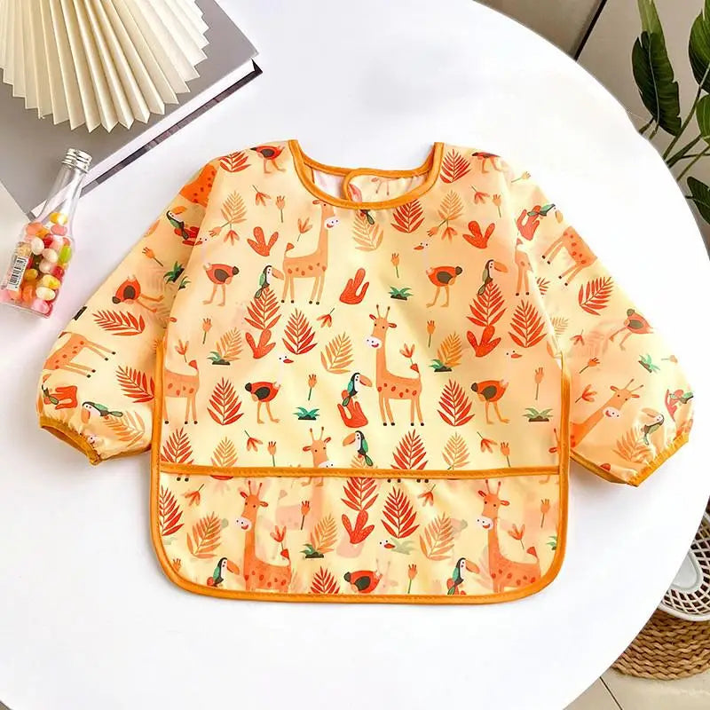Baby Waterproof Long Sleeve Bib – Cartoon Animal Art Apron for Self-Feeding 0–3 Years