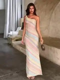Color Block Off Shoulder Knit Maxi Dress – High Split Beach Dress