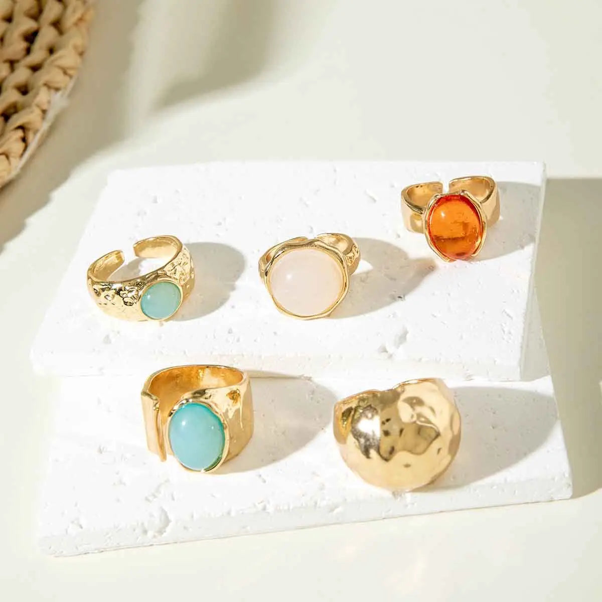 Retro Gem Metal Ring Set – Geometric Irregular Opening Rings for Women