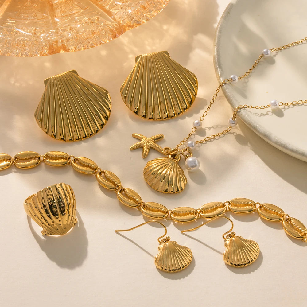 18K Gold Plated Ocean Shell Jewelry Set – Tarnish-Free Earring, Ring & Necklace for Women
