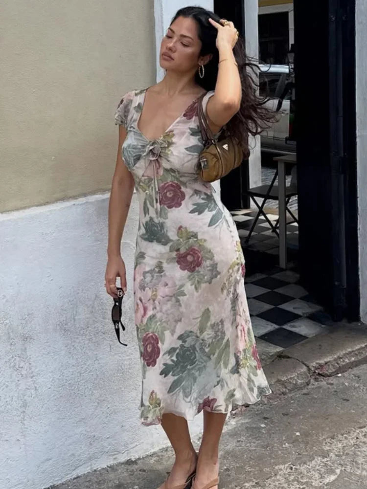 Flutter Sleeve Floral Maxi Dress – Deep V Neck Summer Holiday Dress