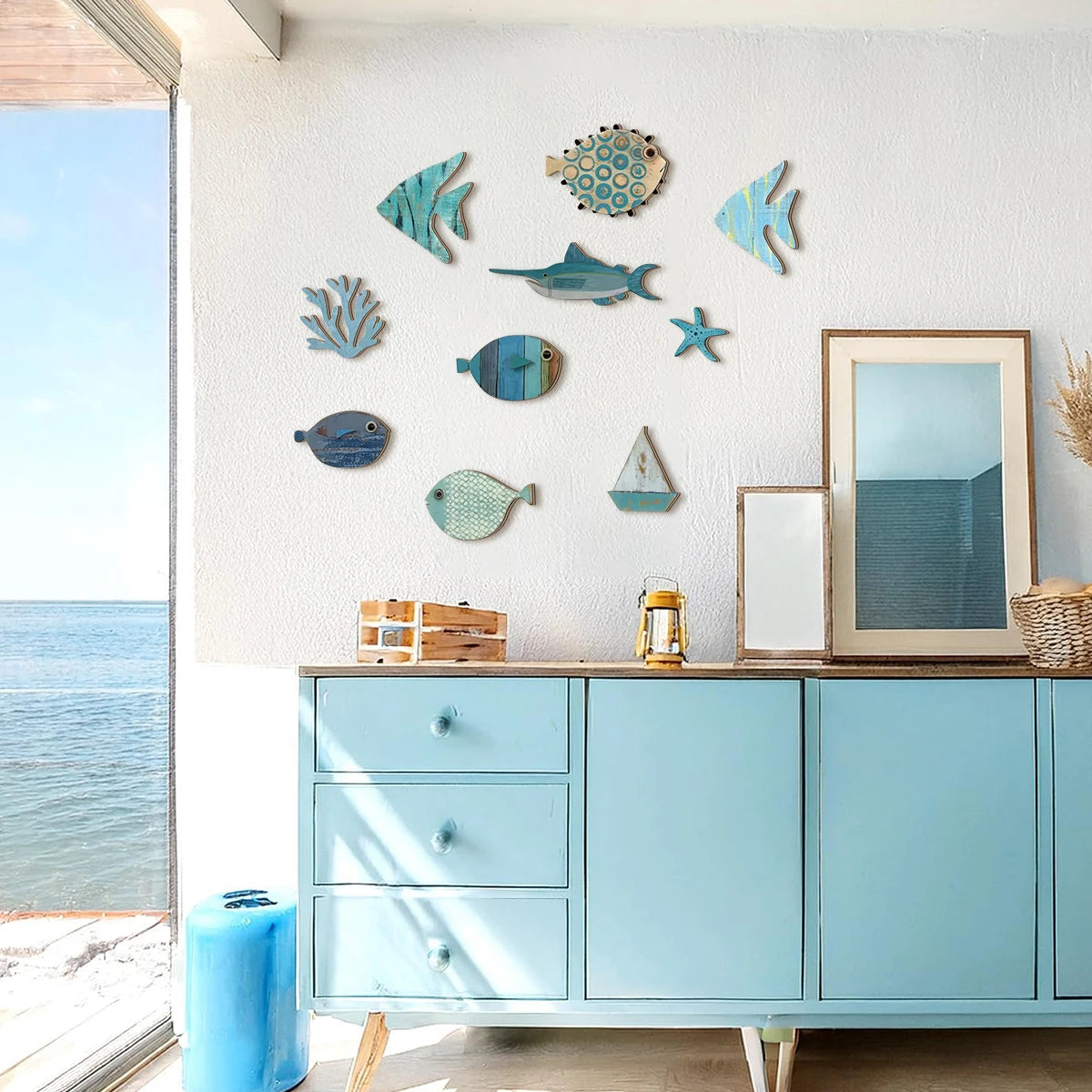 Handcrafted Wooden Ocean Wall Decor | Coastal Fish & Starfish Art Set