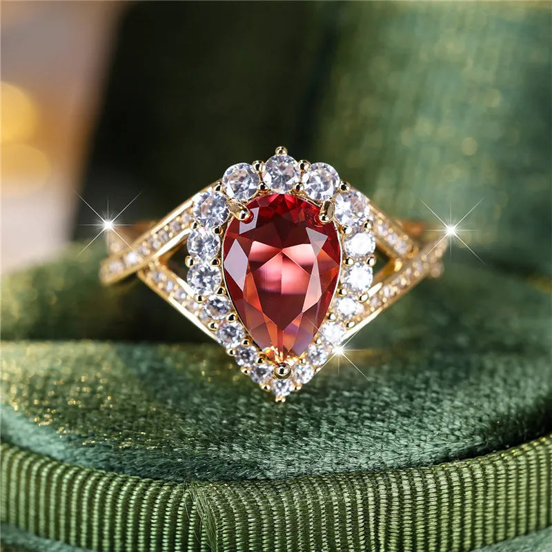 Luxury Red Water Drop Zircon Engagement Ring – Gold Bridal Wedding Jewelry for Women