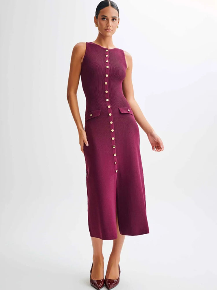 Ribbed Knit Sleeveless Button Maxi Dress | Slim Fit