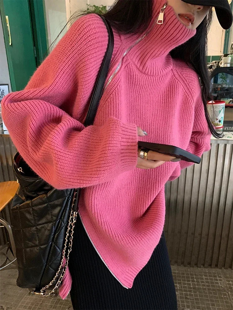 Turtleneck Zipper Oversized Knit Sweater – Women’s Warm Autumn Pullover