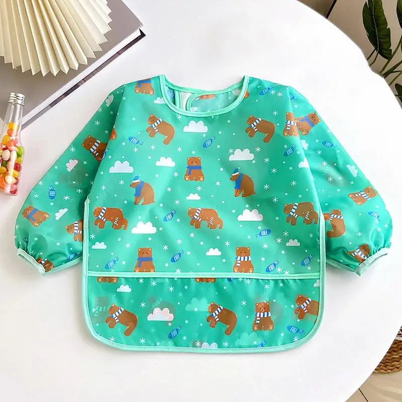 Baby Waterproof Long Sleeve Bib – Cartoon Animal Art Apron for Self-Feeding 0–3 Years