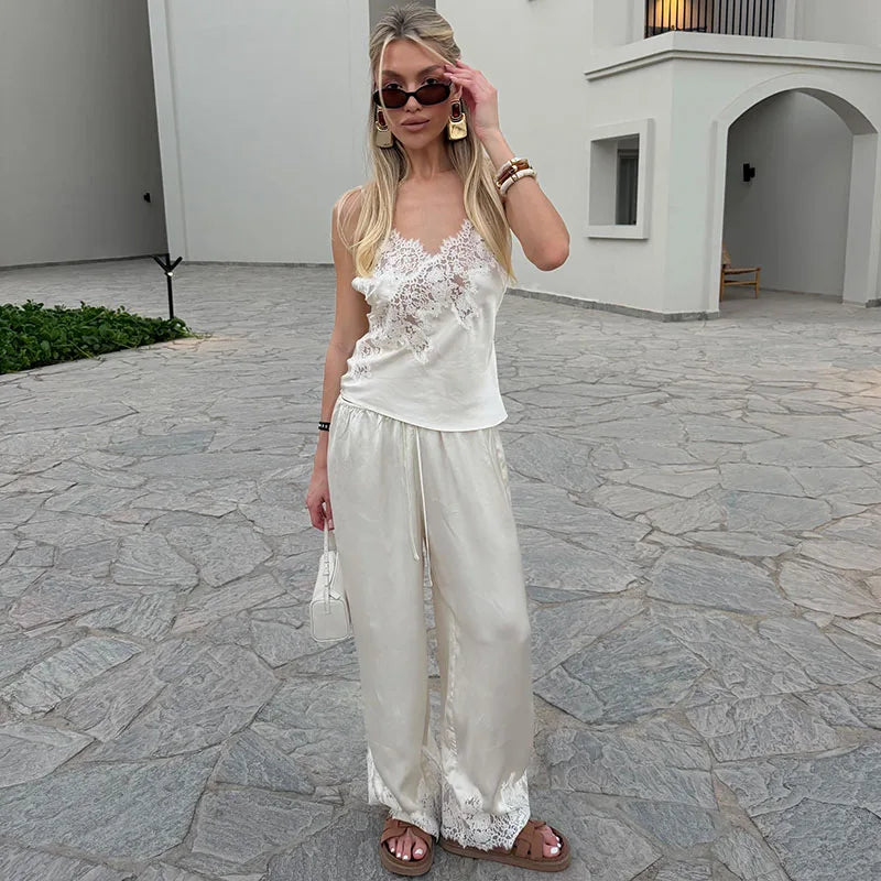 Satin Lace Spaghetti Strap Two Piece Set – V Neck Top & Shorts