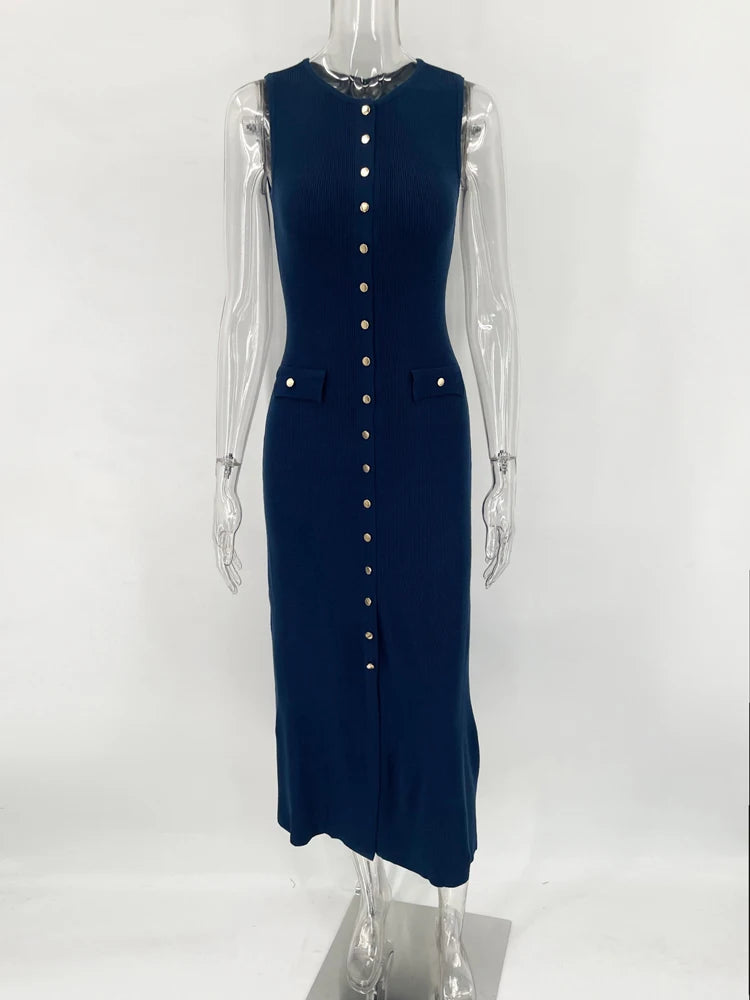 Ribbed Knit Sleeveless Button Maxi Dress | Slim Fit