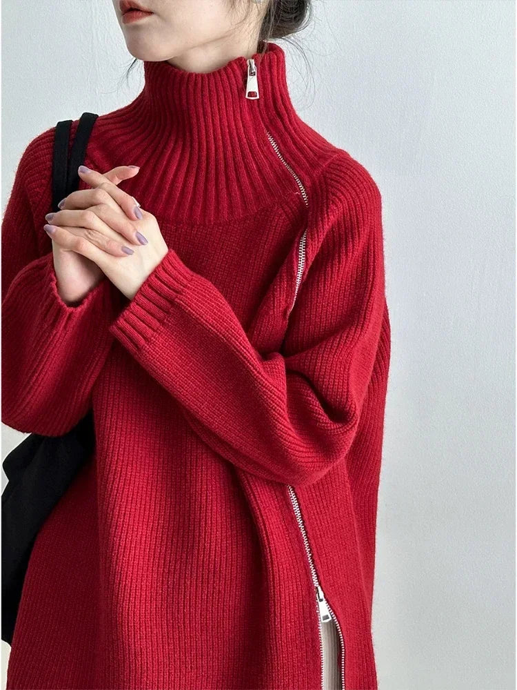 Turtleneck Zipper Oversized Knit Sweater – Women’s Warm Autumn Pullover