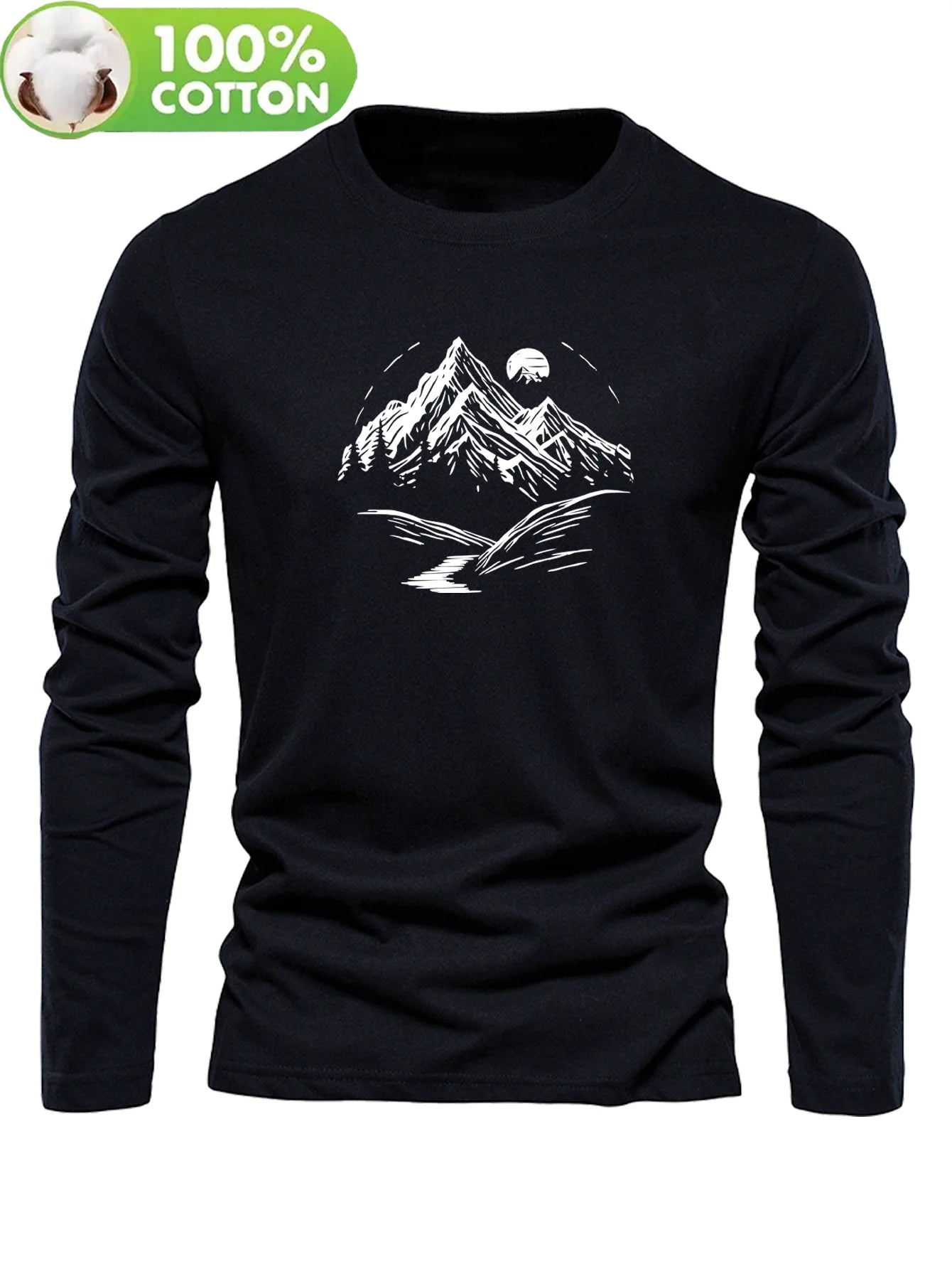 Men’s Mountain Print 100% Cotton Long Sleeve T-Shirt – Casual Sports Round Neck Tee