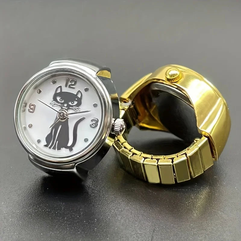 Kitten Circular Pointer Quartz Ring Watch – High-End Gold & Silver Finger Watch