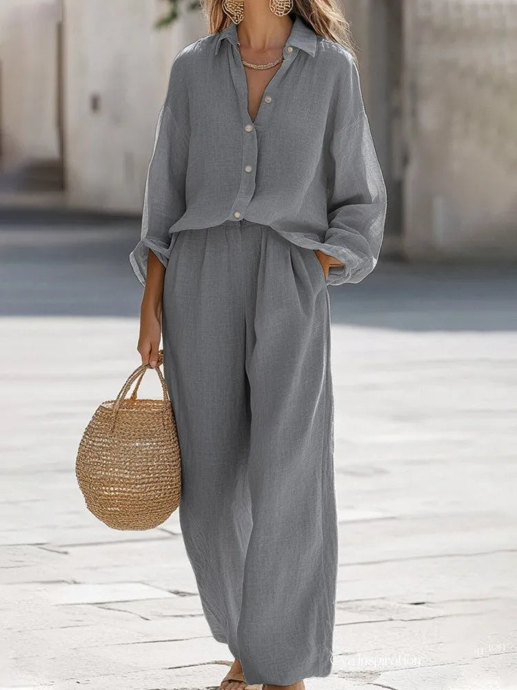 Casual Lapel Long Sleeve Shirt & Wide Leg Pants Two Piece Set – Women’s Cotton Suit