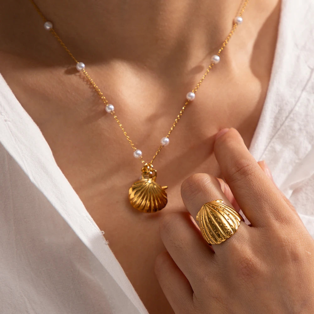 18K Gold Plated Ocean Shell Jewelry Set – Tarnish-Free Earring, Ring & Necklace for Women
