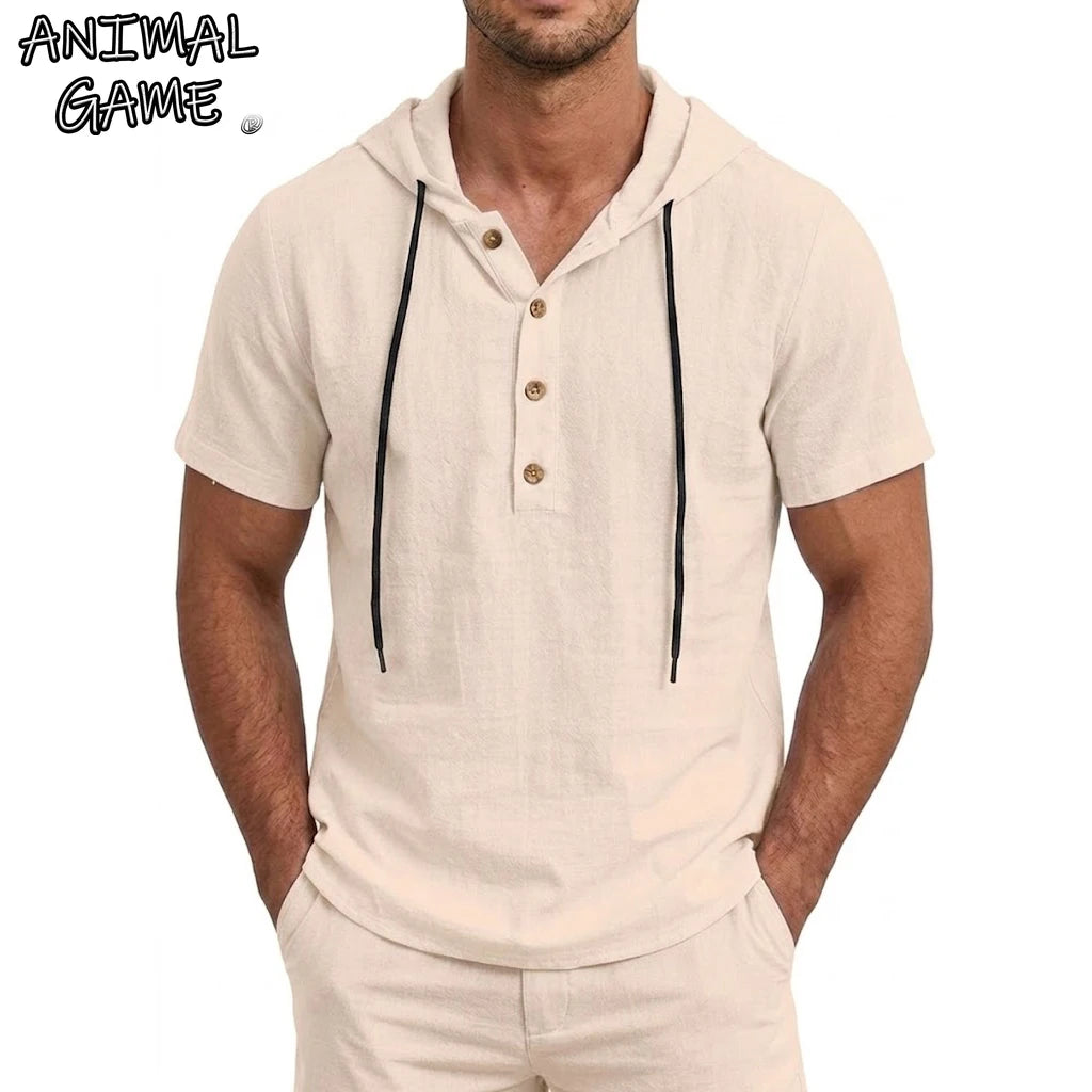 Men’s Linen Hooded Short Sleeve Hawaiian Shirt – Lightweight Button Cotton T-Shirt