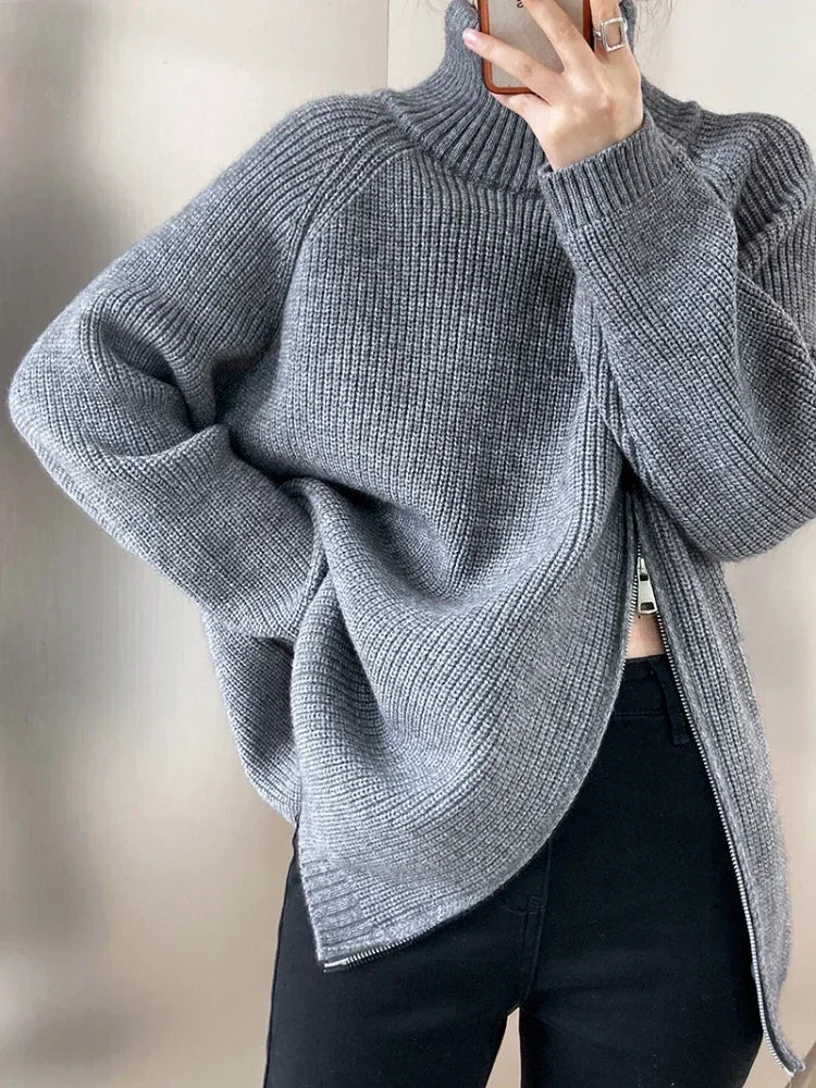 Turtleneck Zipper Oversized Knit Sweater – Women’s Warm Autumn Pullover