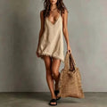 V Neck Tassel Mini Dress – Solid Color Spaghetti Strap Summer Dress