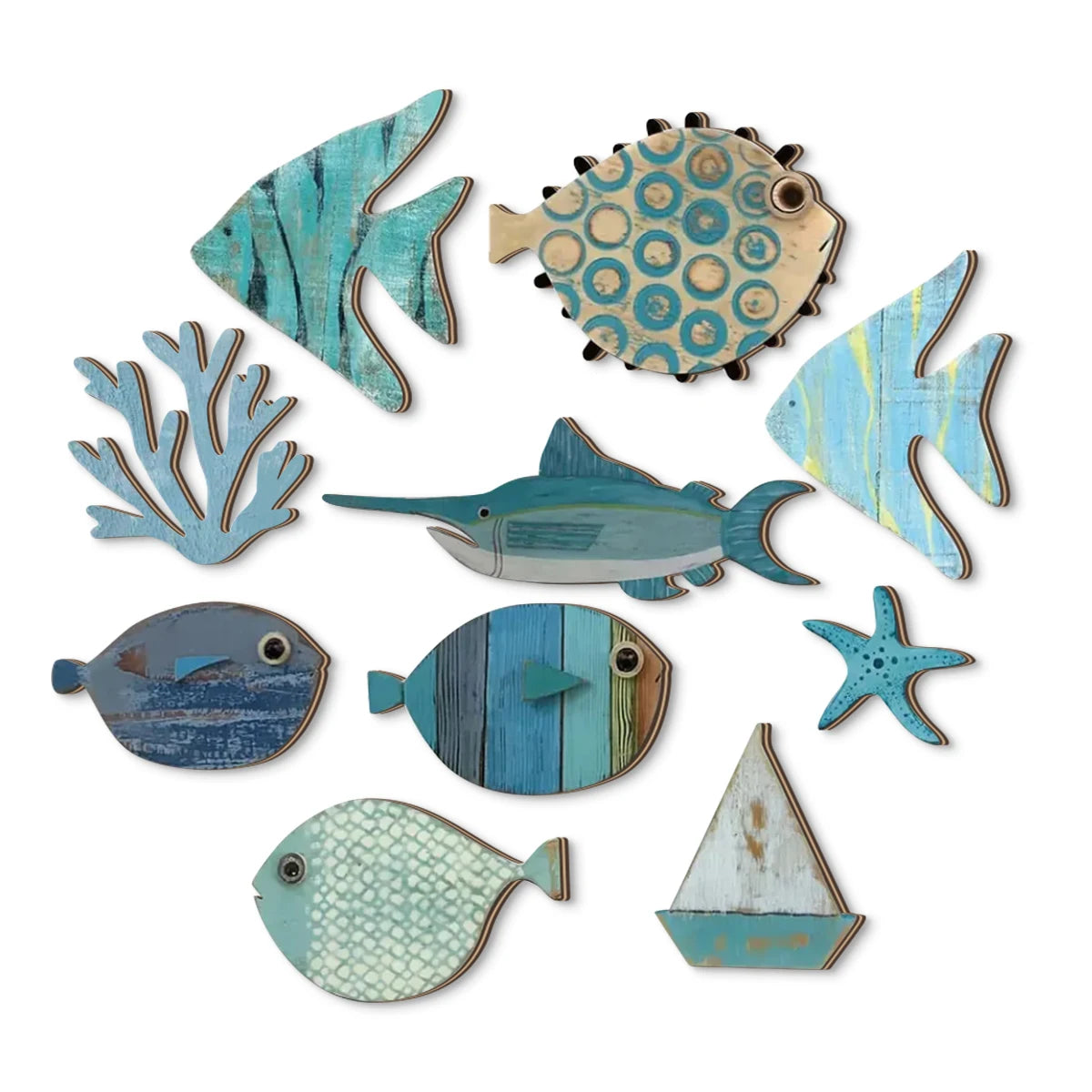 Handcrafted Wooden Ocean Wall Decor | Coastal Fish & Starfish Art Set