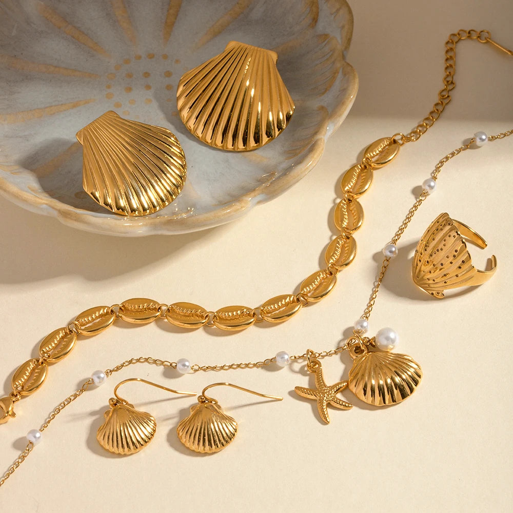 18K Gold Plated Ocean Shell Jewelry Set – Tarnish-Free Earring, Ring & Necklace for Women