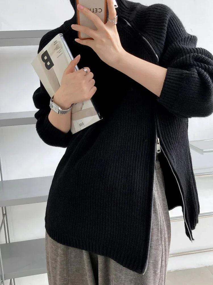 Turtleneck Zipper Oversized Knit Sweater – Women’s Warm Autumn Pullover