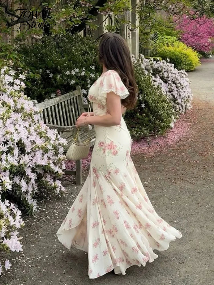 Flutter Sleeve Floral Maxi Dress – Deep V Neck Summer Holiday Dress