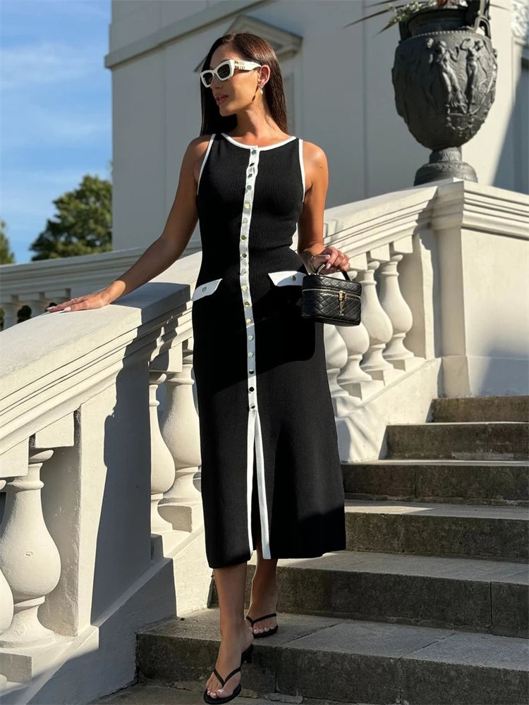 Ribbed Knit Sleeveless Button Maxi Dress | Slim Fit