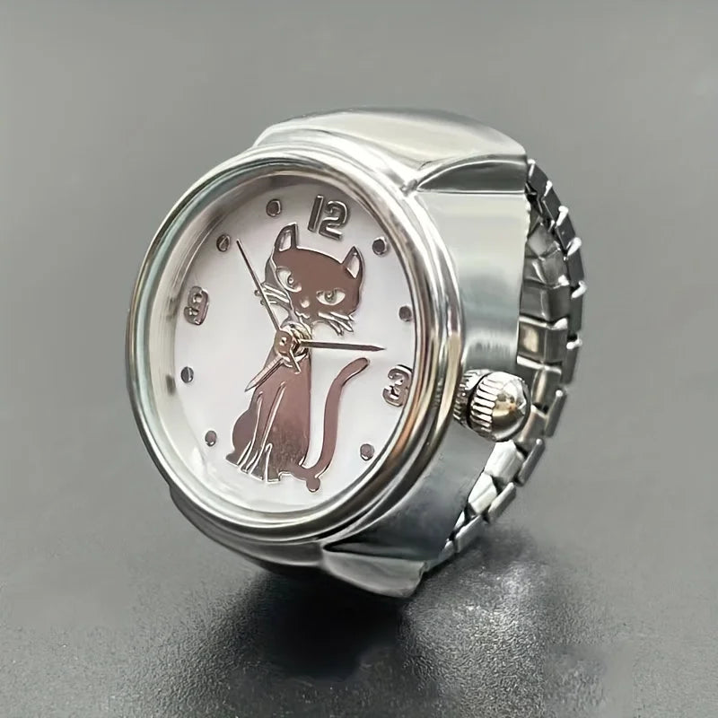 Kitten Circular Pointer Quartz Ring Watch – High-End Gold & Silver Finger Watch
